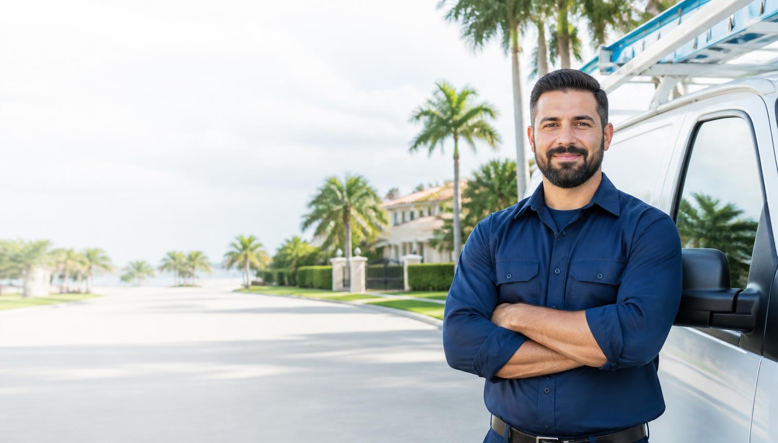 Local home service professional beside a service van